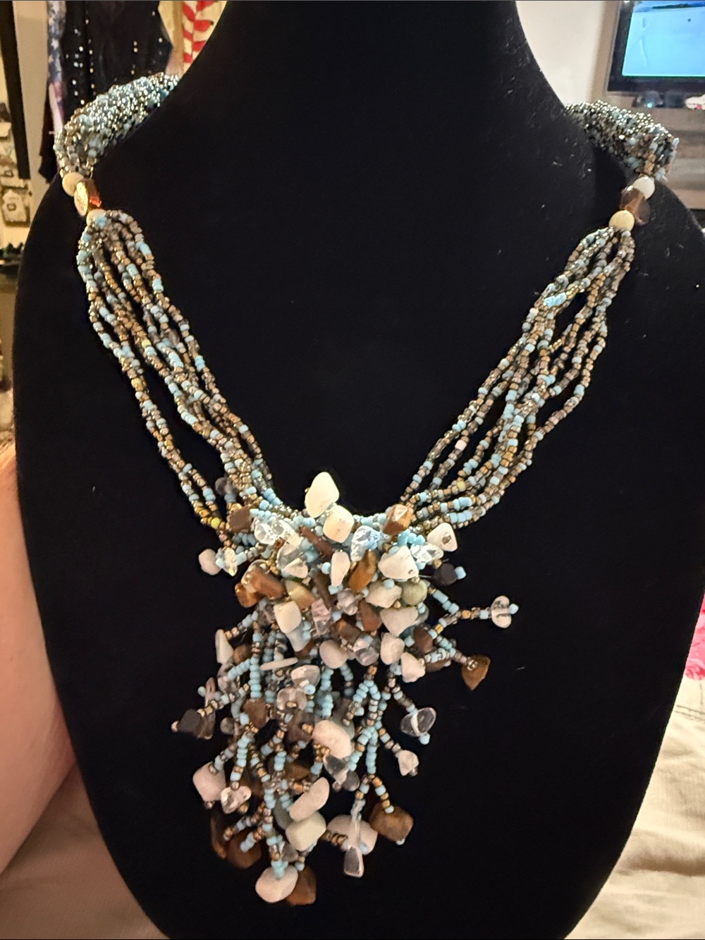 Handmade Beaded Turquoise and Brown Cluster w/ stone chips  Necklace 19”